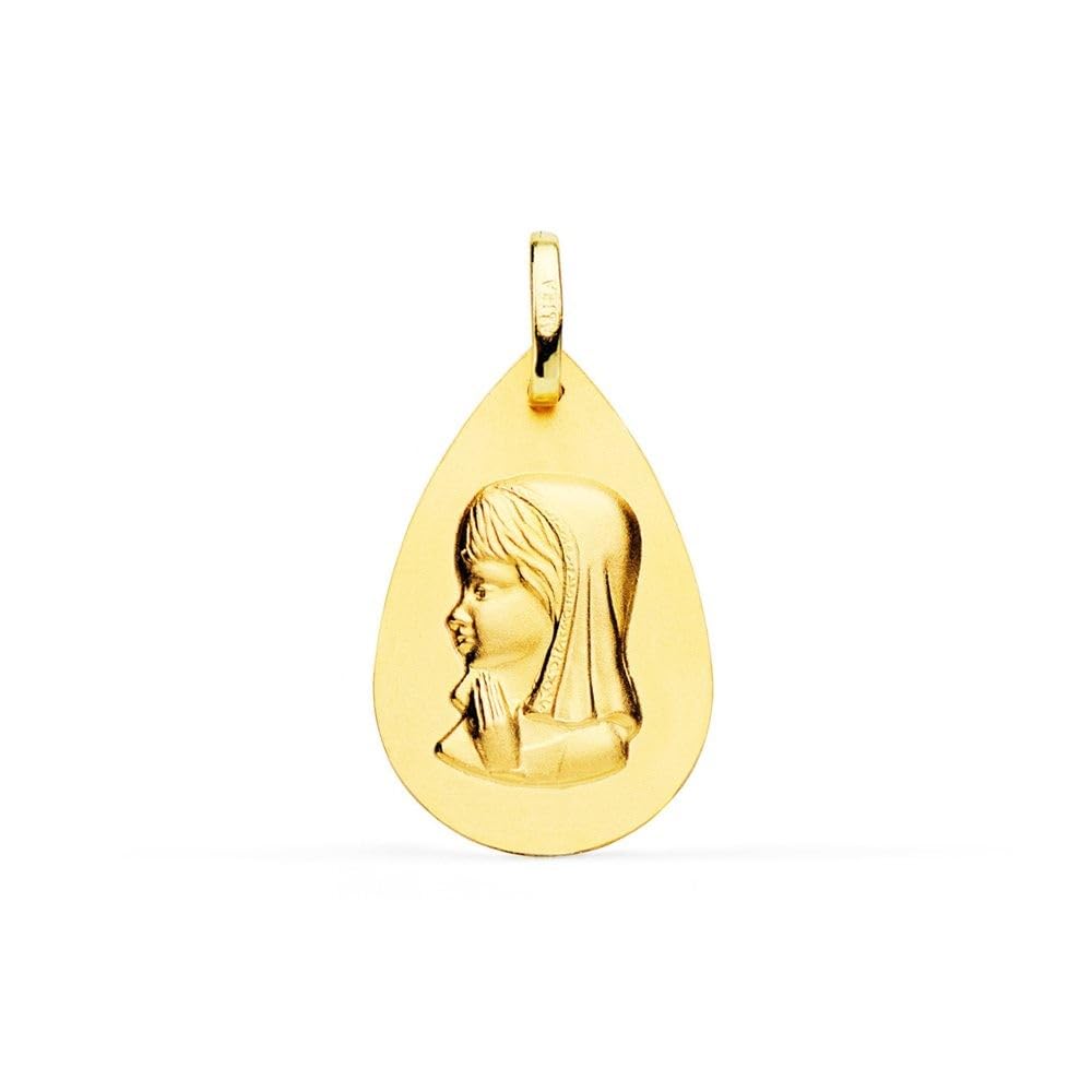 Virgen Niña Medalla Oro de 18k para Primera Comunión de 23mm. forma de gota lisa