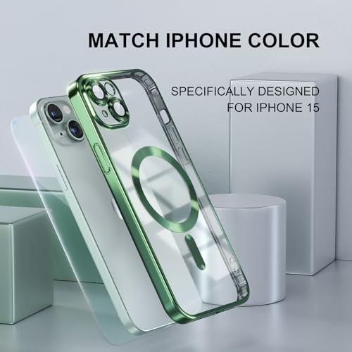 Image of Misea Magnetic for iPhone 15 Case Compatible with MagSafe Green | [Never Yellowing] [Military Drop Protection] Full Camera Lens Protector Plating Soft Clear Phone Case for Women, Green