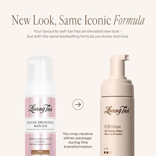 Image of Loving Tan 8 HR Deluxe Self Tanning Mousse, Dark -Streak Free, Professional Quality Sunless Tanning -Up to 5 Self Tanner Applications per Bottle, Naturally Derived DHA - 4 Fl Oz - Packaging May Vary