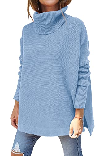 Image of LILLUSORY Women's Turtleneck Oversized Sweaters Long Batwing Sleeve Spilt Hem Tunic Pullover Knit Tops