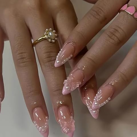 24Pcs French Tip Press on Nails Long Almond with Aurora Bow Nails Design Pink French Nails Press ons Cute False Nail Tips Stick on Nails Artificial Fingernails for Women Girls Daily Wear Cover