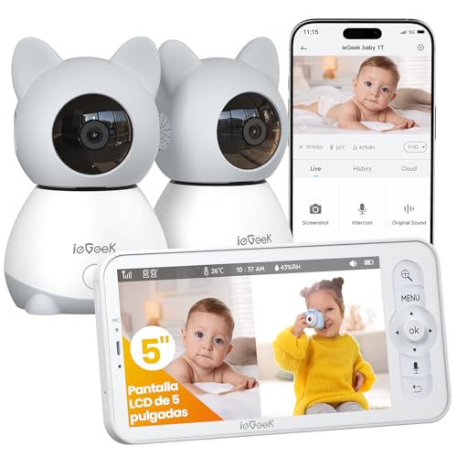 ieGeek Cámara Vigilancia Bebé 2K/3MP con 2 Cámaras, Monitor Bebé Pantalla 5" Dividible, Vigilabebés con Detección de Movimiento, Monitor de Temperatura, Audio Bidireccional, Visión Nocturna