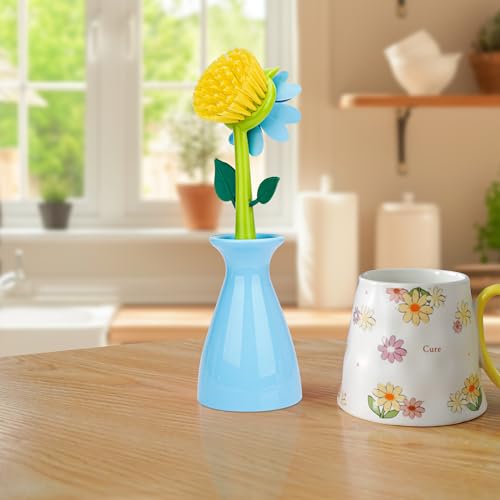 Image of Long Handle Flower Pot Brush, Florganic Dish Brush with Vase, Long Handle Dish Brushs Kitchen, for Cleaning Pot Pan Sink Kitchen Supplies Decorative Vase (Blue)