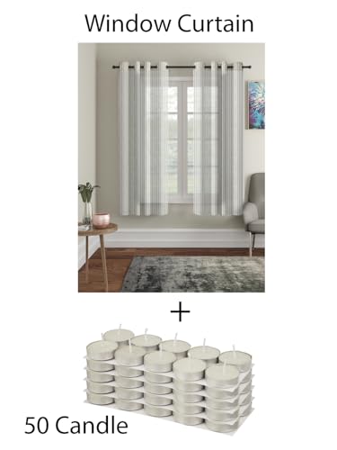 Image of Cortina Shear Light-Filtering Polyester Curtains 5 feet Long Pack of 2 + 50 Candle for Window [ Opacity: 50-60%, Color: White, Printed Curtain -130 GSM ]