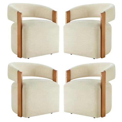 Image of KISLOT Upholstered Dining Chairs Set of 4, Modern Rolling Dining Chairs with Hidden Casters, Wooden Arm Kitchen Chairs with Linen Look Fabric, Padded Barrel Chairs for Dining Room, Kitchen, Sand