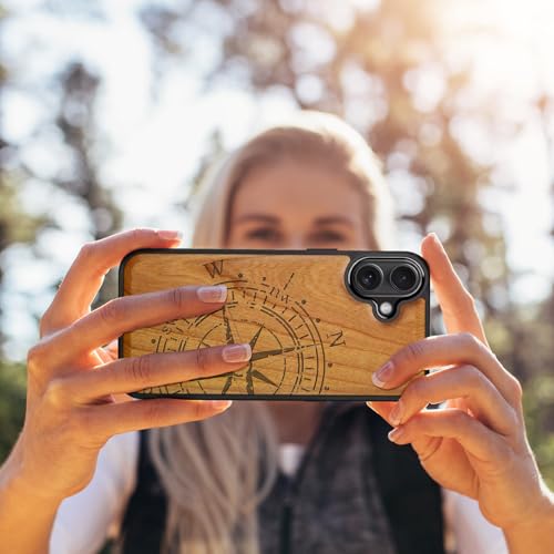 Image of Carveit Wood Case for iPhone 16 Plus, The Incomplete Compass, Cherry | Magnetic iPhone 16 Plus Case Compatible with MagSafe Wireless Chargers, Engraved Wood with Soft TPU Shockproof Bumper