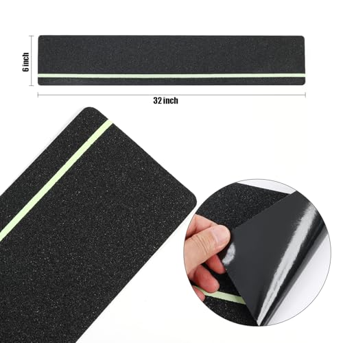 Image of Outdoor Non Slip Tape 6'' x 32'' (12-Pack) High Traction Adhesive Treads with Free Roller - Heavy Duty 80 grit Non Slip Tape -Anti Skid Strips Black with Glow in The Dark Stripe - Grip Tape for Steps