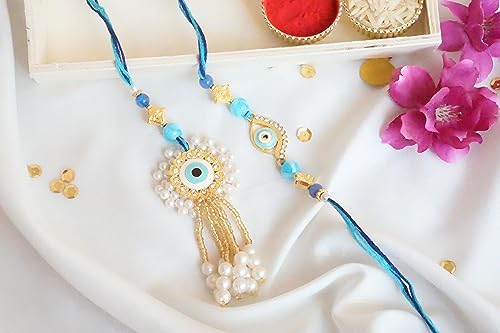 Elegant Bhaiya Bhabhi Rakhi Set with Blue Beads and Evil Eye Motif - Includes Roli and Chawal for Raksha Bandhan3