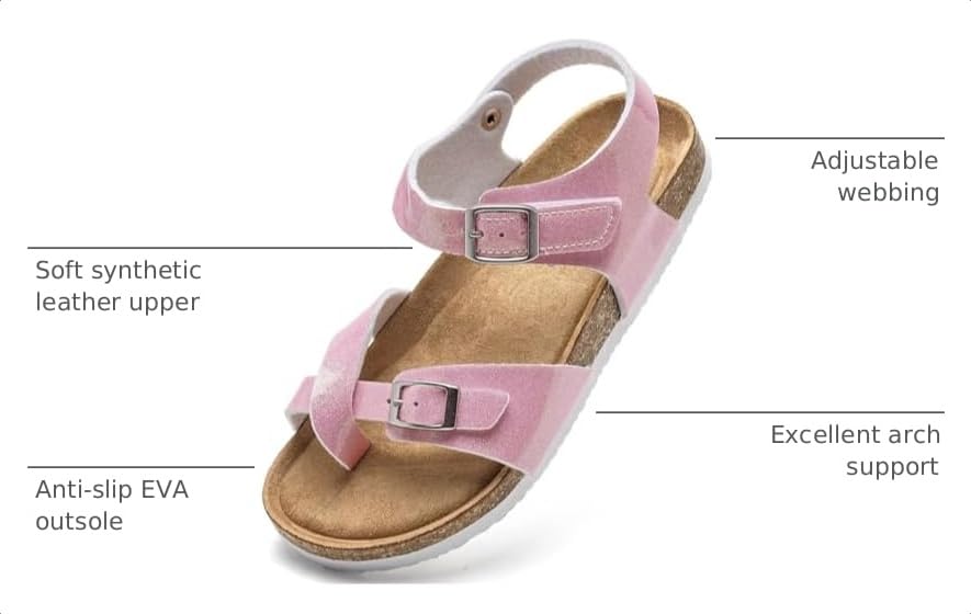 Image of Torotto Girls Boys Sandals with Cork Footbed Adjustable Buckle Summer Slides Flip Flops Open Toes Flat for Kids Toddler