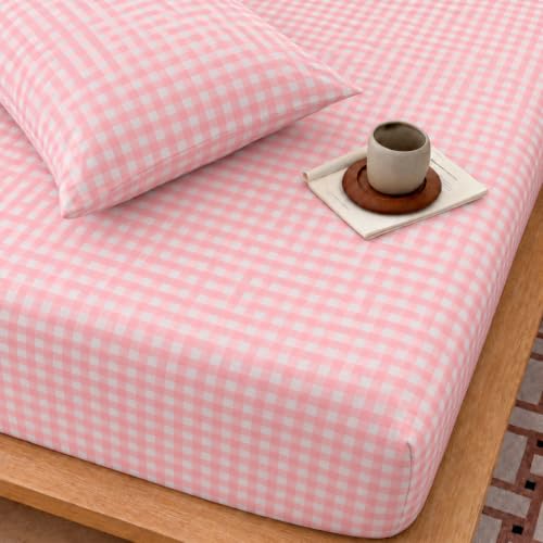 Image of VOMZER Single Size (36x72) 300 TC Soft Cotton Feel Microfiber All Around Elastic Fitted Single Bedsheet with 1 Pillow Cover | Pink Check
