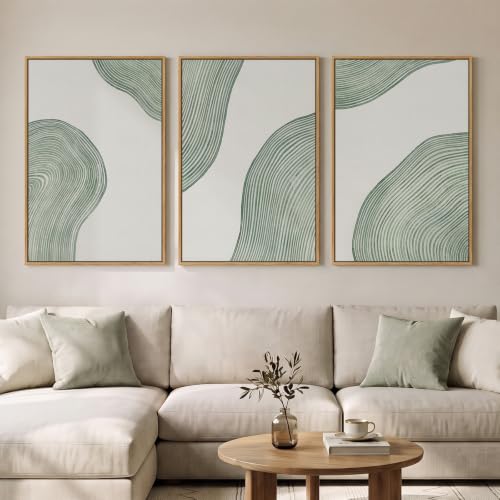 Large Framed Sage Green Abstract Wall Art for Living Room, 3 Piece 24x36 In