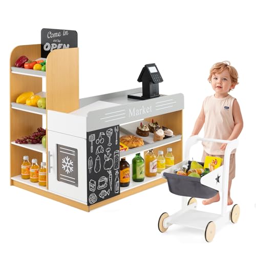 KOTEK Grocery Store Pretend Play, Wooden Kids Grocery Store Playset with Shopping Cart, Refrigerator, Blackboard, Display Shelves, Supermarket Toy Set for Toddlers 3+ (Burlywood)