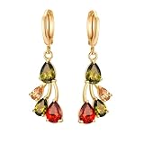 Grewod Pendientes Largos Novia Oro Amarillo 14K Granate Rubí Citrino Multicolor Lágrima Pendientes Boda Mujer
