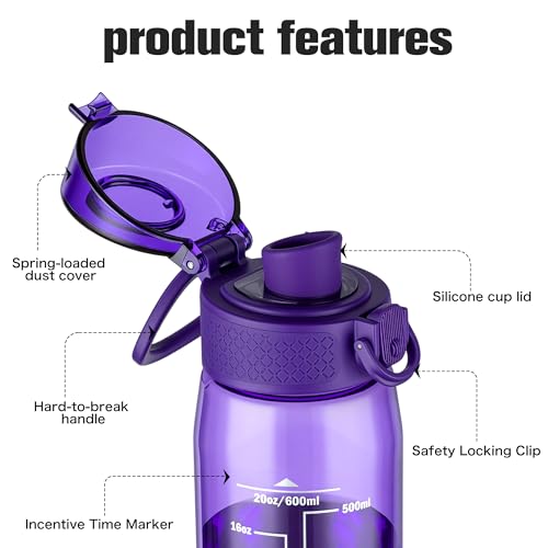 Image of GOPPUS 20oz Kids Water Bottle with Time Marker & Handle, Tritan BPA-Free, Reusable Leakproof Anti-Dust Everyday, Clear Kids Water Bottles For School,Car Travel, Gifts Boys Girls(Dark Purple)