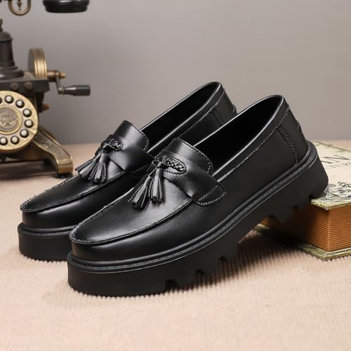 Image of Men's Black Soft Patent Leather Platform Chunky Heel Loafers Fashion Tassel Business Casual Formal Work Shoes Non-Slip Lug Sole Slip-On Penny Loafers