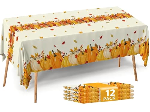 Image of Fall Plastic Tablecloth 12 Packs Thanksgiving Disposable Table Cloth 54x108 Rectangle Table Cover with Pumpkin & Maple Leaf for Holiday Dinner Party Decorations Outdoor Picnic & Baby Showers