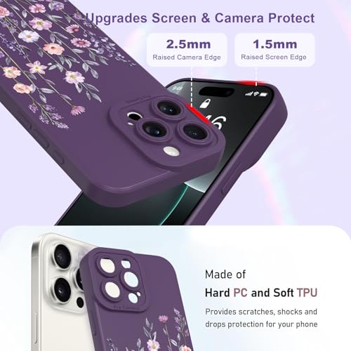 Image of Designed for iPhone 16 Pro Case Flower for Women Girls, Dark Purple | Cute Floral Pattern Liquid Silicone Phone Case [Full Camera Protection] Slim Soft TPU Protective Cover