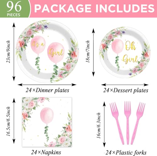 Image of 96Pcs Oh Girl Watercolor Pink Balloon Party Supplies Greenery Girl Baby Shower Tableware Set Pink Flower Party Favor Birthday Baby Shower Parties Plates and Napkins Table Decorations for 24 Guests