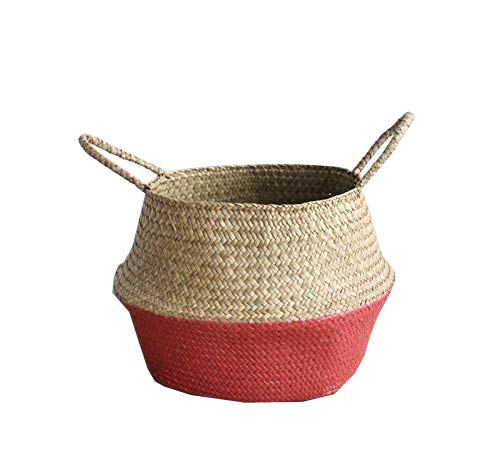 Seagrass Woven Basket, GOODCHANCEUK HandMade Belly Basket Storage Laundry Basket Home Decoration Hanging Plant Pot Basket Garden 11.02"x13.38" Red&Natural