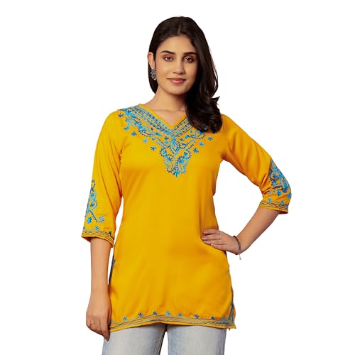 Image of Rayon Kashmiri Embroidered Short Kurti for Women | V-Neck Tunic Top with 3 /4 Sleeves | Floral Design Indo-Western Kurti for Jeans & Leggings
