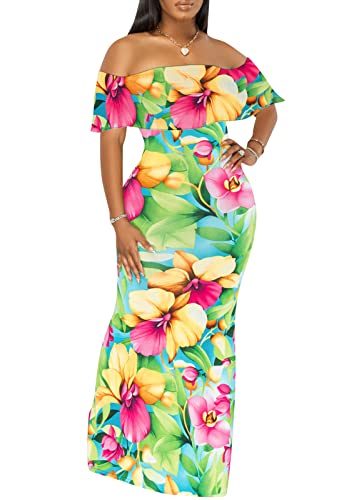 Women's Off Shoulder Maxi Dress Sexy Hawaiian Floral Long Party Dresses