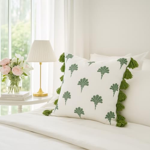 WWW.THROWPILLOW.IN Green Palm Tree Cushion Cover | Coastal Decorative Pillow Case Handmade Green Tassel | Botanical Printed Premium Fabric Modern Coastal Home Décor Square Sofa Cushion 18x18 Inches