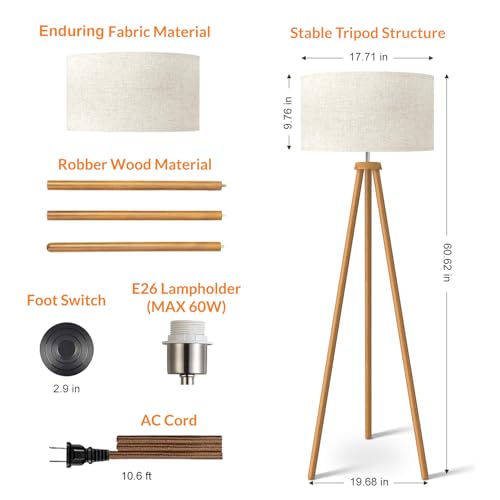 LEPOWER Mid-Century Wood Tripod Floor Lamp with Flaxen Shade for Living Room, Bedroom, and Office