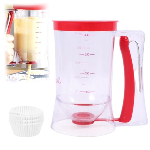Vexnaro Dosificador de Repostería 900ml con Tapa, Escala y Mango de Presión, Dispensador Manual de Masa para Tortitas, Crepes, Cupcakes, Gofres, Magdalenas, Pasteles y 100 Moldes de Papel