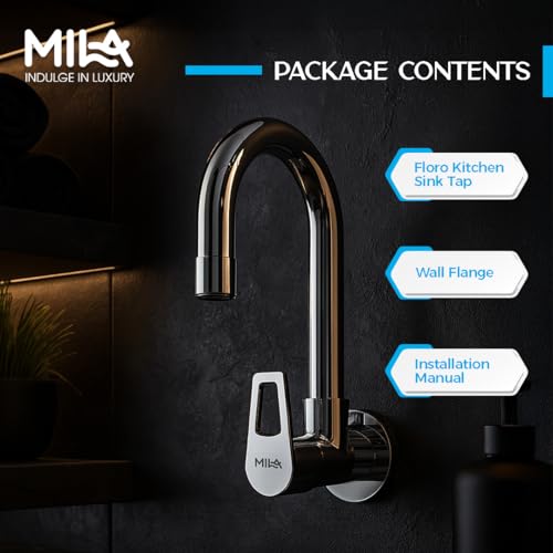 Image of Mila Floro Brass Kitchen Sink Tap | Wall Mount Cold Water Faucet with 360 Swivel Spout & Lever Handle | Mirror Chrome Finish | Durable Brass Body | Leak-Proof & Corrosion-Resistant | 12-Year Warranty