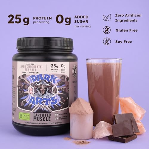 Image of Earth Fed Muscle Dark Arts Irish Grass Fed Whey Protein Isolate, Third-Party Certified. 25g Protein, Salted Dark Chocolate - Non-GMO, Hormone Free, Soy Free, Gluten Free - 2 LB, 26 Servings
