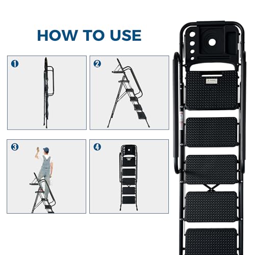 Image of 5 Step Ladder with Handrails, Folding Step Stool with Wide Anti-Slip Pedal, Tool Tray, 500 lbs Capacity Sturdy Steel Ladder, Ladder for Home, Garden, Painting, Outdoor, and Garage, Black