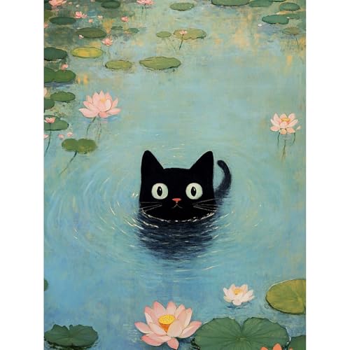 KEYIFA Pintar por Numeros Adultos, Gato negro en Estanque Paint by Number Kits con Pinceles y Pigmento Acrílico, DIY Pintura al óleo Colorear Lienzo Manualidades, Decoración del Hogar 30x40CM