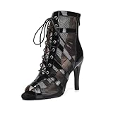 ZYXWVU Bottines de Danse Noir Femme à Lacets Bout Ouvert Chaussures de Danse de Salon pour Salsa Bachata Tango Performance, 40 EU