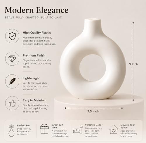 Image of Divyakosh White Donut Vase for Home Decor | Modern Geometric Flower Vase' (VASE' ONLY) for Center Table, Home Decoration Items for Living Room, Aesthetic Home Decor | 9 Inch