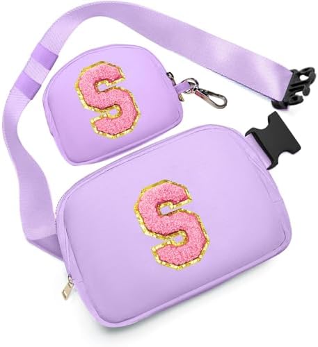 Birthday Gifts for 4 5 6 7 8 9 10 11 12 13 Year Old Girls, Crossbody Bags Fanny Pack with Initial Letter Patch Cute Stuff for Women Girls Teens (S, Purple)