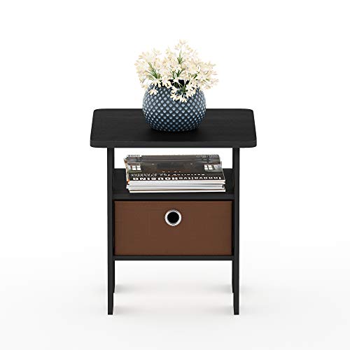 Image of FURINNO 11157AM /MBR Andrey nightstand, 1 End Table, Americano /Brown | Open Shelves and Storage Bin, Bedside Table, for Living Room, Bedroom