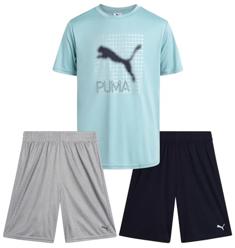 Image of PUMA Boys Active Short Set - 3 Piece Short Sleeve Logo Graphic Tee and Poly Interlock Mesh Shorts for Boys (Sizes: 4-16)
