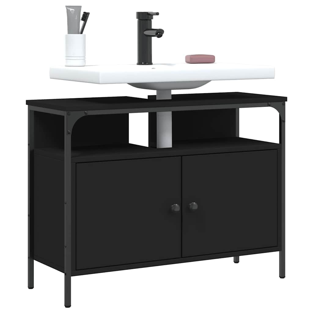 Waschbeckenunterschrank Schwarz 80x30x60 cm Holzwerkstoff, pulverbeschichtetes Stahl Gestell, mit Schublade, Siphon Öffnung 8x20 cm, platzsparender Bad Waschtisch Stauraum