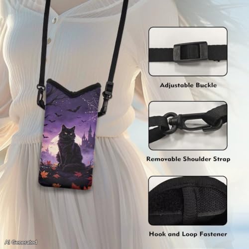 Image of Women Cross Body Phone Purse Neoprene Mobile Phone Bag with Adjustable Strap Lightweight Mini Smartphone Purse Travel Essentials for Phone, Keys, Black Cat Maple Leaf Bat Print Violet