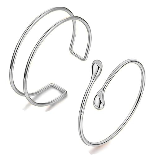 Silver Arm Cuff for Women Open Adjustable Armband Stackable Upper Arm Bracelet Bangle Minimalist Summer Beach Cuff Jewelry