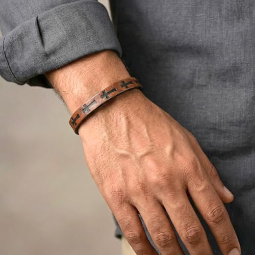 Image of THE MEN THING Leather Bracelet for Men - American Style Genuine Leather Multi-Layer Braided Bracelet with 100% Stainless Steel Magnetic Buckle for Men & Boys (8 inch)