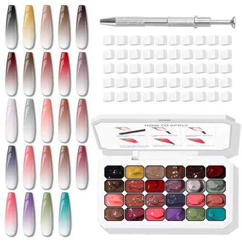 24 Colors Sponge Pat Paint Nail Gel Pat Painting Gel Polish for Drawing Striper Liner Floral Ombre Blush Blooming Aura Nails Art DIY UV/LED Cured No Wipe 100 Sponges Grabber Pen(24 Colors B)