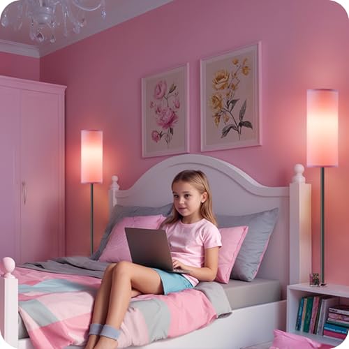 Image of Dimmable Pink Floor Lamp for Living Room with Remote and Foot Switch, Corner Floor Lamp for Bedroom, 64.4 inch Standing Tall Lamp, 10W 900LM Bulb Included, 3000K-6500K, Linen Shade, FCC Listed P06LD05W1