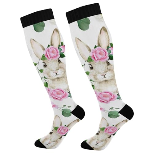 Dussdil Cute Easter Bunny Rose Compression Socks for Women Men Rabbit Circulation Long Knee Socks for Sport Gym Stockings Socks