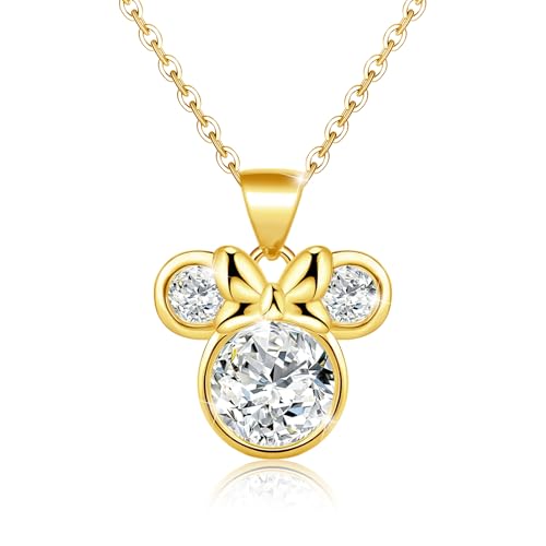 Mouse Bow Necklace 18K Gold Plated Sterling Silver Lovely Pendant Necklace for Women Hypoallergenic Cubic Zirconia Adjustable Cute Animal Necklaces for Sister