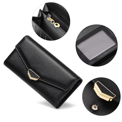 Image of Women's Wallet Leather RFID Blocking Large Capacity Trifold Card Holder Wallets Ladies Long Purse with ID Window