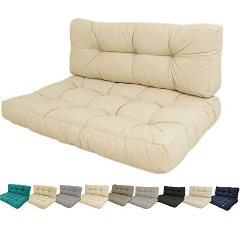Edenjardi Cojines para palets | Cojín de Asiento 80x120x16 cm + cojín Respaldo 42x120x16 cm | Lux Color Crema | Repelente al Agua | Portes Gratis