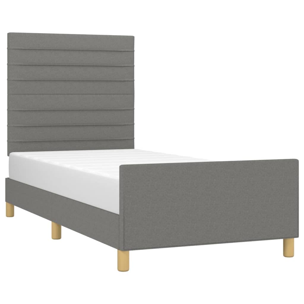 Dunkelgraues Bettgestell 100x200 cm, Stoffbezug, höhenverstellbares Kopfteil, Robustes Bed Frame aus Massivholz, modernes Platform Bed für Bedroom Furniture