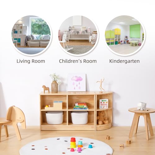 Image of OOOK Rubber Wood 4-Compartment Wooden Storage Cabinet, 35.4 inch L, 2-Tier Toy Organizers and Storage, Montessori Shelf for Kids Room, Playroom, Nursery, Classroom, Kindergarten