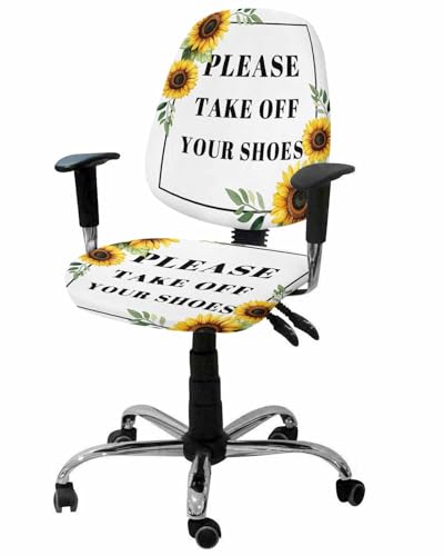 Sunflowers Letter 2 Pieces Computer Office Chair Covers Set,Stretchable Desk Rotating Chair Seat Cushion Slipcover Back Covers,Simple Summer Botanical Floral Beige Slipcover Back Cover Protector Cover